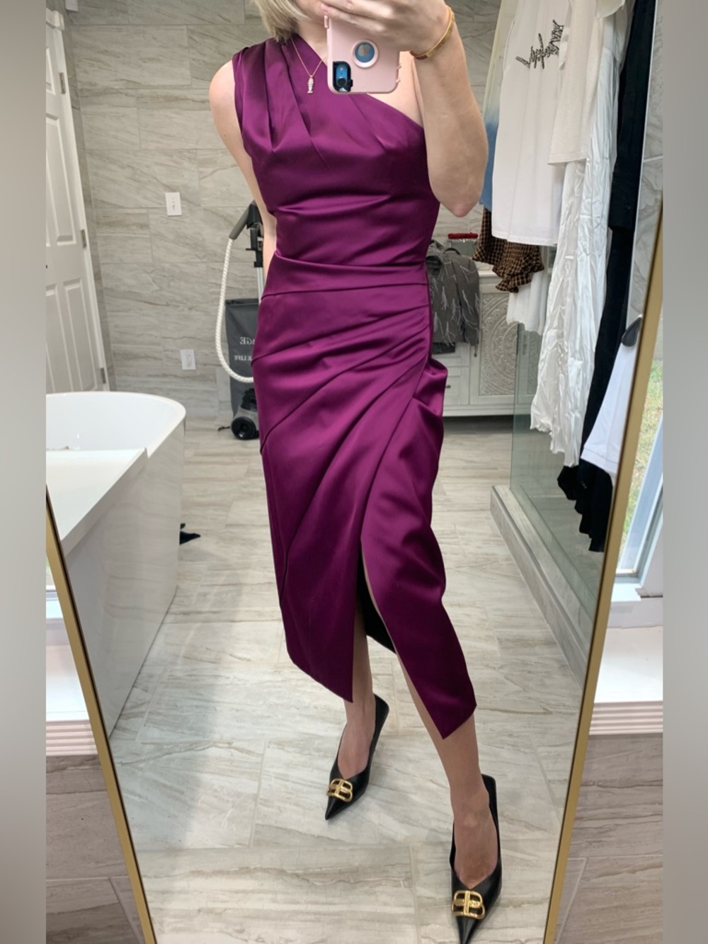 La belle Vie! (Ukrainian Brand) $400 NWT One-Shoulder Plum Satin Dress, Size S